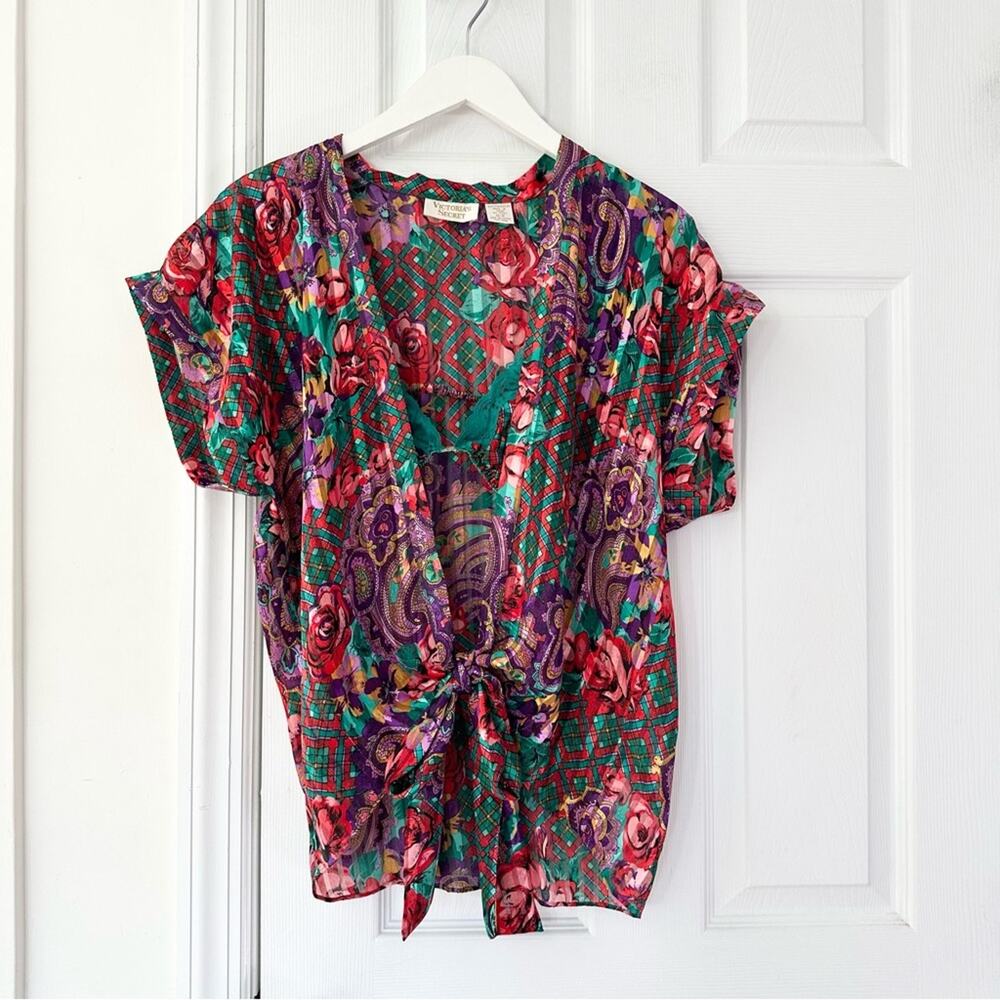 Victoria's Secret Vintage Red Pink Green Paisley Floral Bralette Kimono Set Sml